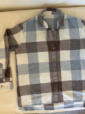 Madewell Cream, Gray & Brown Plaid Button-Down Shirt